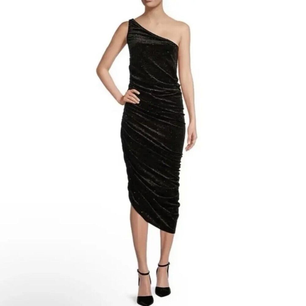 NWT Gibson Latimer Black Velvet Silver One Shoulder Asymmetric Ruched Midi Dress